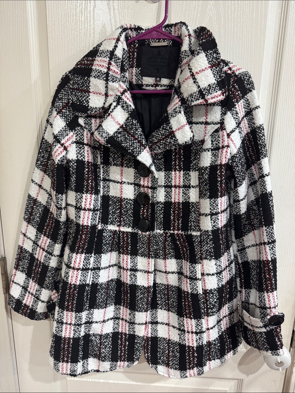 Jou Jou Black, White & Red Plaid Short Pea Coat